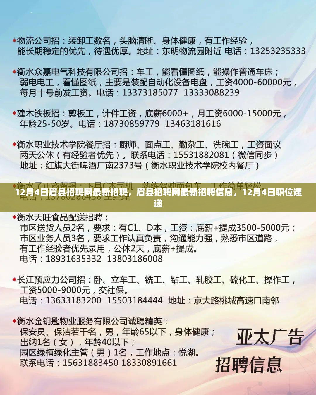 眉县招聘网最新招聘信息速递，12月4日职位更新