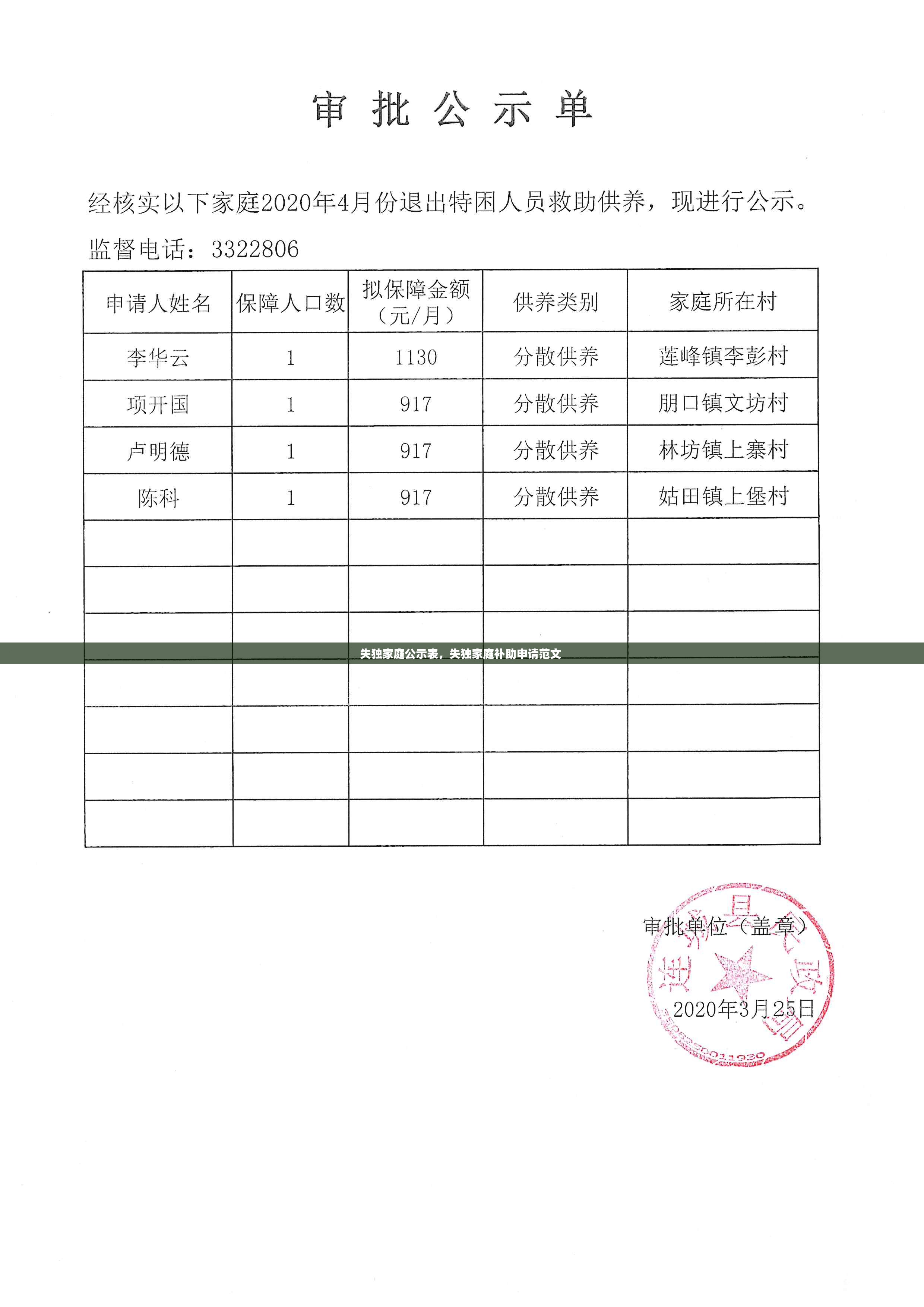 失独家庭公示表，失独家庭补助申请范文 